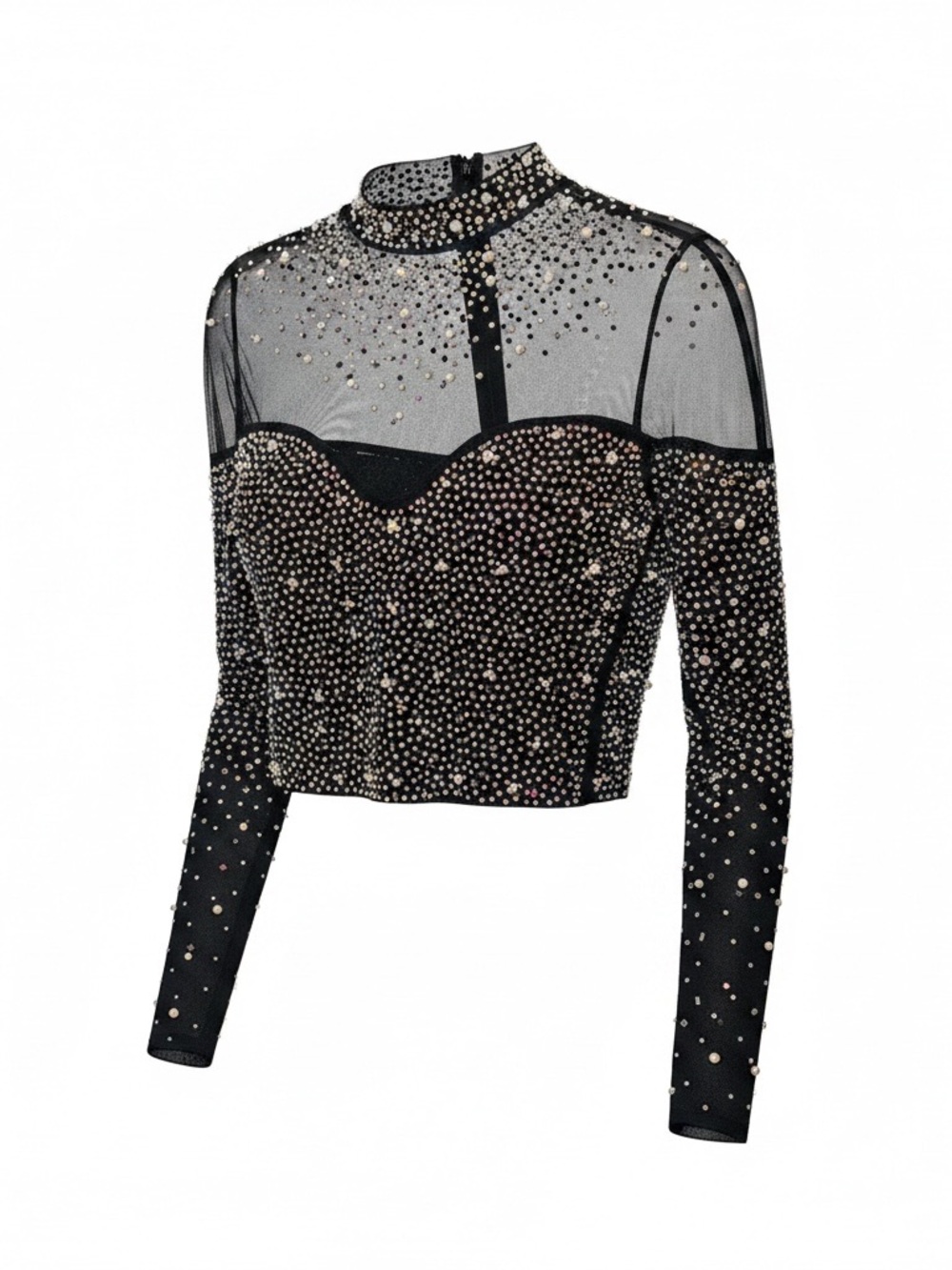 Black Mesh & Rhinestone Long-Sleeve Crop Top
